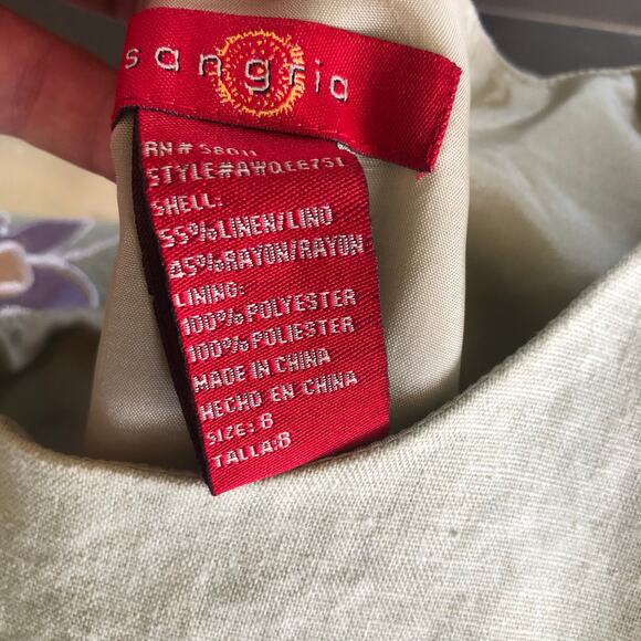 Y2K Sangria Linen-Blend Sage Green Embroidered Floral Shift Dress Sz 8 Cottage - Picture 7 of 11